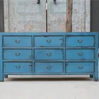 antique solid elm wood blue two door two drawer cabinet