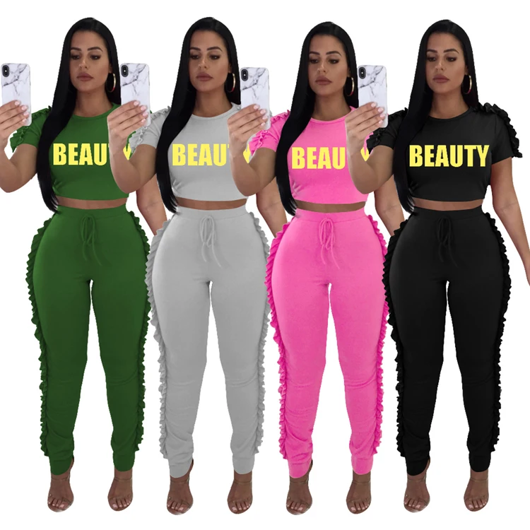 SAQ058 ruffled decoration summer letter print short sleeve crop top and sports pants two piece set women sweat suit