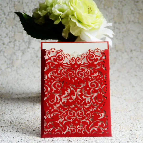 luxury laser cut red pocket style wedding invitation cards