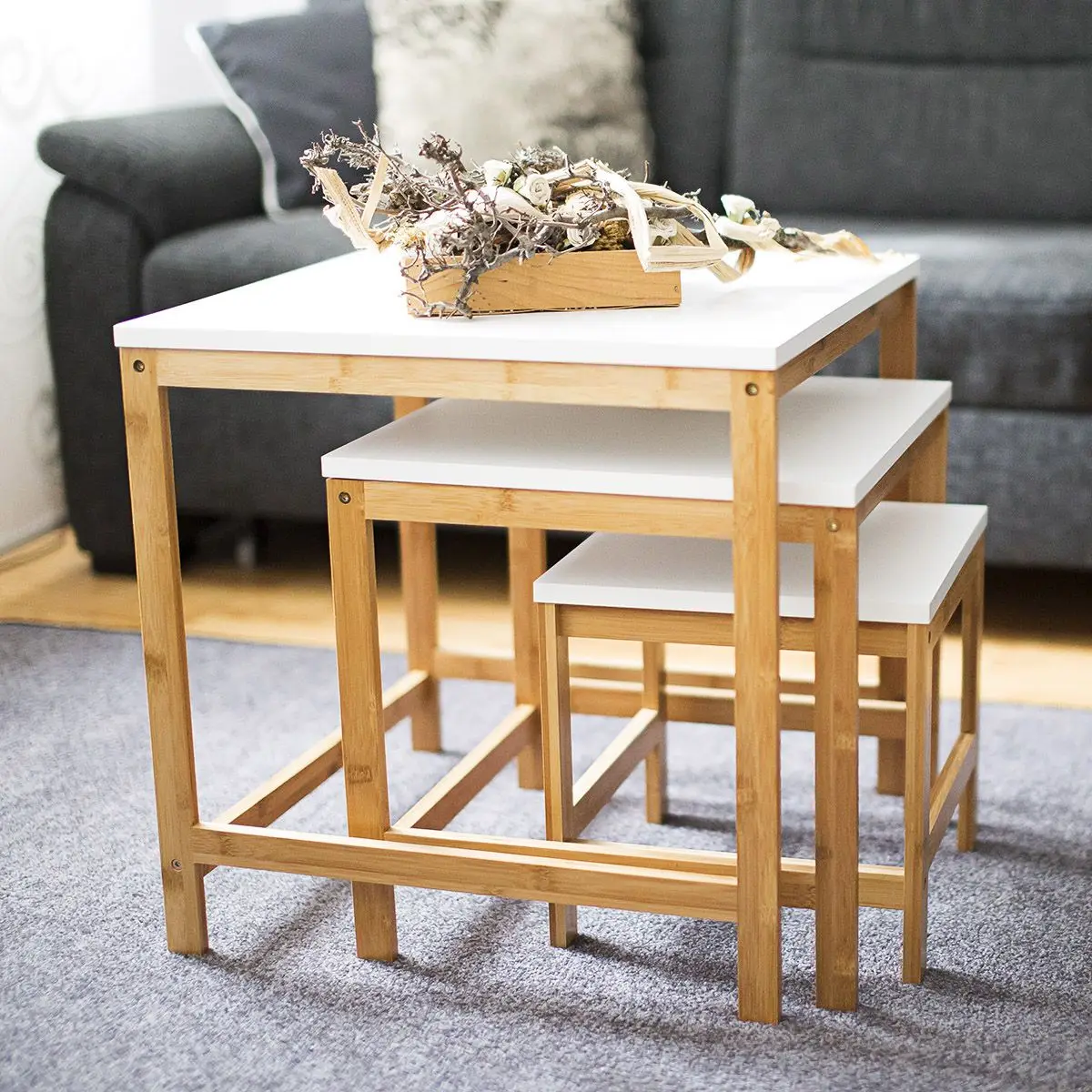 Living Room Bamboo Furniture Space-Saving Square Nesting Side Table Set