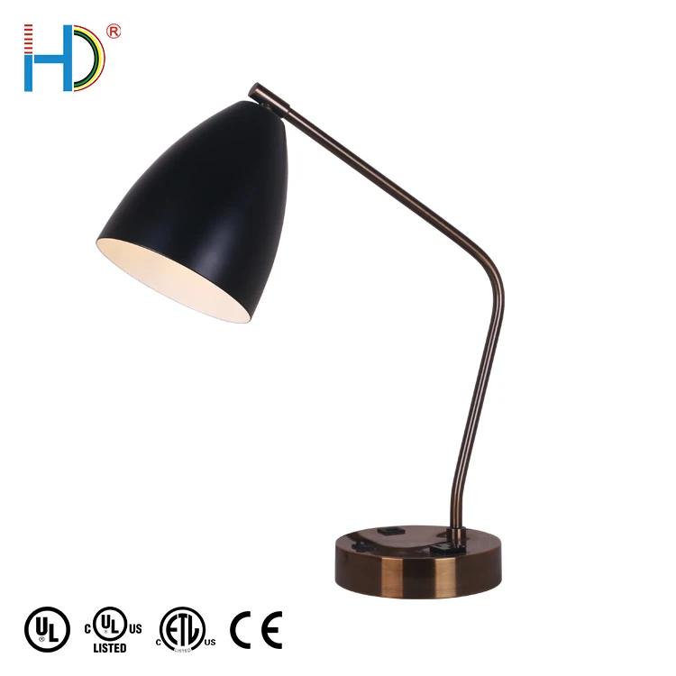 Vintage Retro Usb Port Bankers Matte Black Shade Table Lamp For Hotel