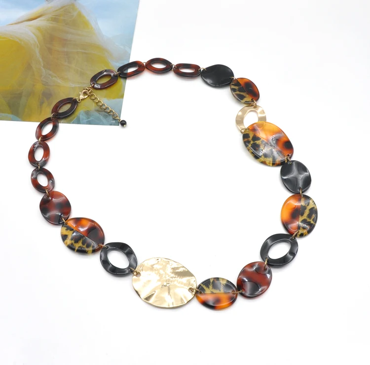 Bohemian tortoise shell acrylic resin chain link leopard print necklace metal punk chunky statement collar necklace