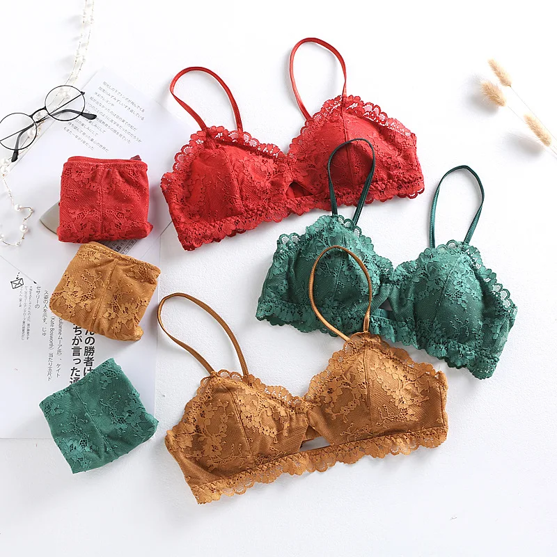 French Style Bra Set Embroidery Hollow Thin Cup Lace Removable Padded