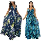 Deep V-neck sexy long maxi flower chiffon dress women