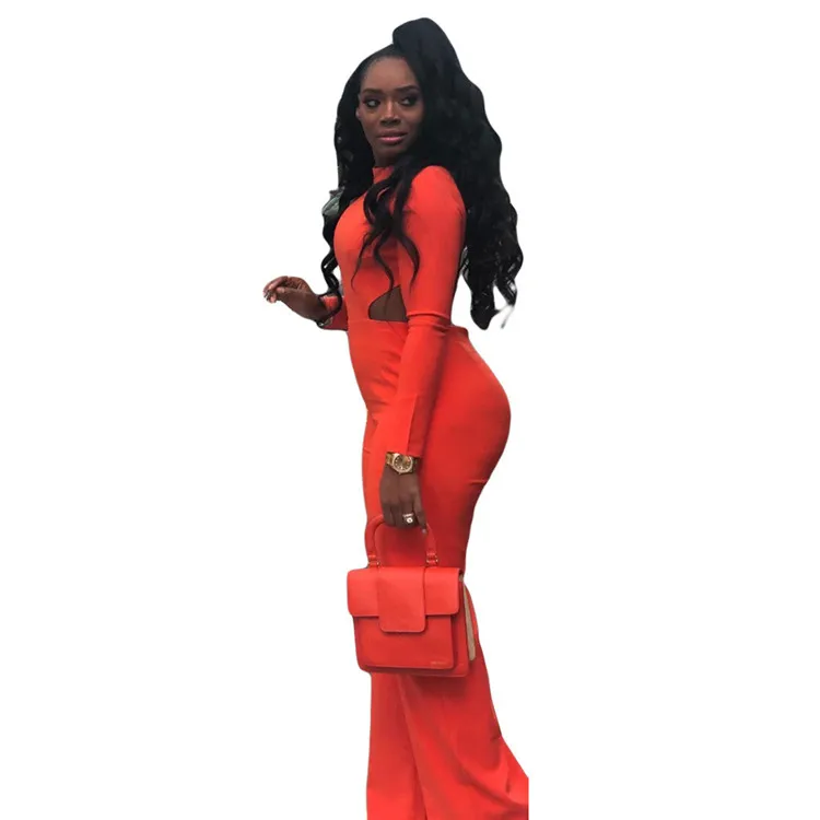 B90343 Sexy solid color long sleeve backless bodycon jumpsuit for women fall clothing 2019