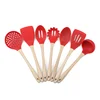 8Pcs Heat Resistant Red kitchen Cooking Tools Silicone Kitchen Utensils Set with Wood Handle