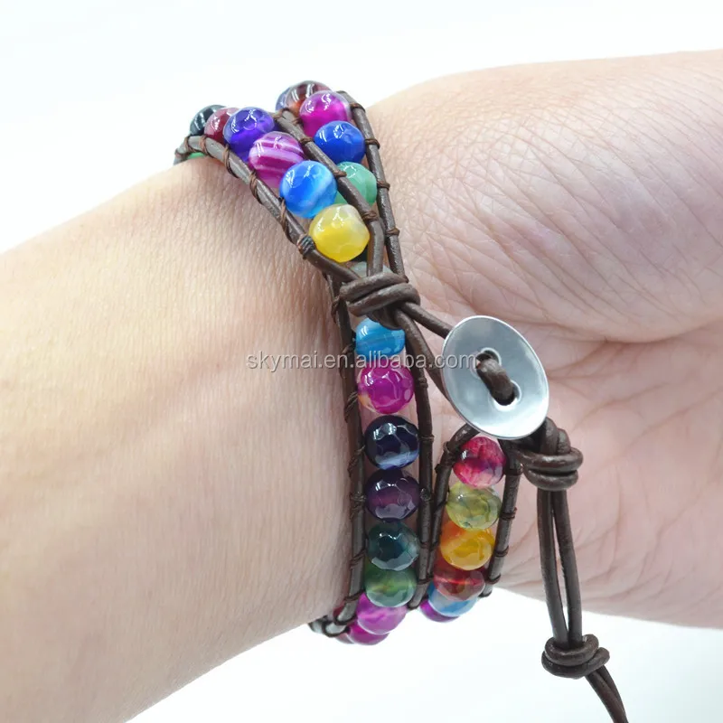 Two layer Exclusive Mixed color natural stone beads genuine vintage leather wrap handmade bracelet