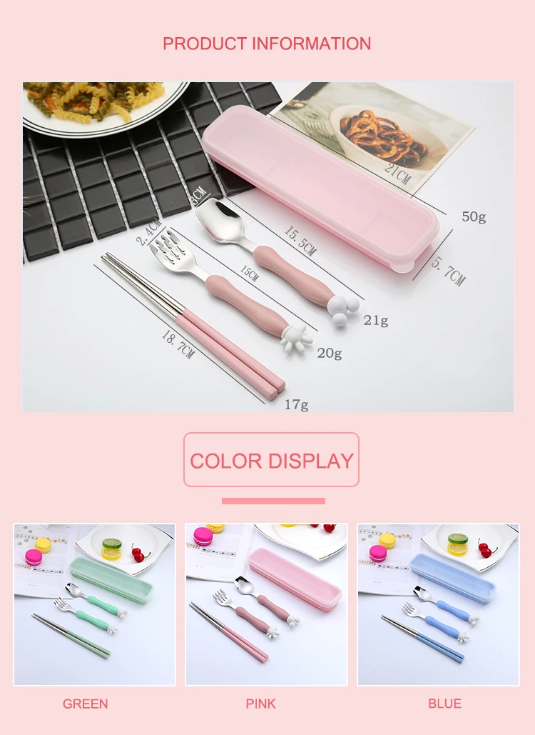 Cartoon Children's Cutlery Set Portable Flatware Set Chopsticks Spoon Fork 3-Piece Dinnerware Set Stainless Steel Tableware Sets