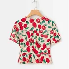 Wholesale short V-neck apple print lace summer ladies shirt