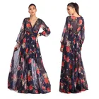 New Style Long Sleeve V-Neckline Chiffon Printing Floral Maxi Dress