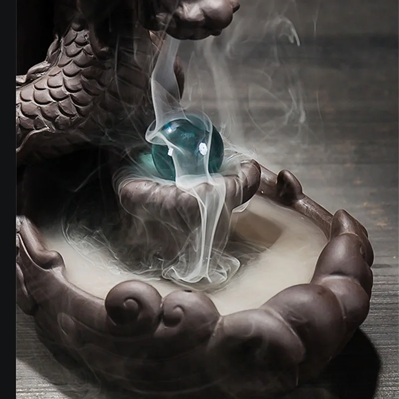 Ywbeyond Ceramic Backflow Dragon Incense Burner Home Decor Dragon Burner Censer With Crystal Ball Waterfall Incense Holder