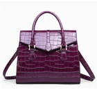 2020 crocodile pattern glossy patent wine red PU leather top handle ladies carry-on purse handbags