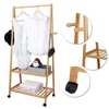 Organic Bamboo Clothes Rack on Wheels Rolling Garment Rack with 2-Tier Storage Shelves and 4 Coat Hooks for Shoes, Clothing