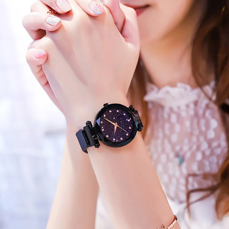 Top Brand Wristwatch Rose Gold Mesh Magnet Buckle Starry Quartz Watch Geometric Surface Casual Women Quartz Wristwatch N0056