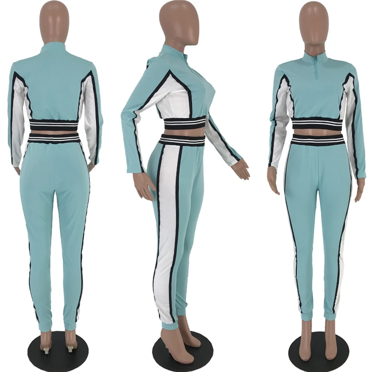 C90661 Fashion long sleeve top spliced zipper elastic wholesale clothing woman two piece set