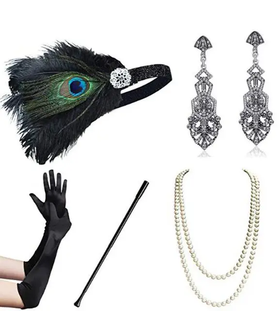 1920s Flapper negro diadema para fiesta de Gatsby traje parte pelo accesorios sostenedor de cigarrillo de collar de perlas de Stock y guantes