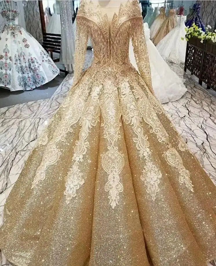 فستان زفاف إسلامي زفاف إسلامي بأكمام طويلة من الدانتيل الذهبي اللامع من التل