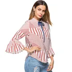 Fashionable Geometric Printed Cotton Linen Shirt With Pleated Flared Sleeves