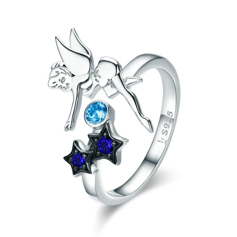 women gemstone ring adjustable 925 sterling silver Fairies star angel wings rings metal ring