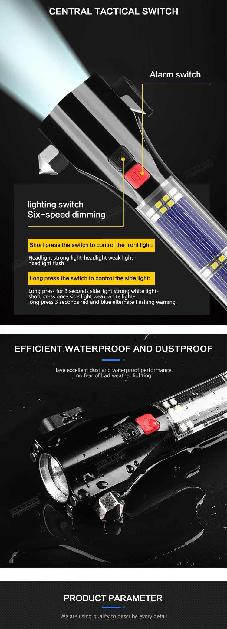 Multi-Functional Rechargeable Aluminum Alloy Safety Hammer Solar Powered LED Flashlight