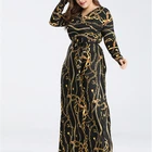2020 Knitting Large Size New Print Women's Long Skirt Casual V-neck Waist Thin Slim Long Sleeve Dress