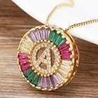 Bling A-Z Letter Round Pendant Necklace With Cubic Zirconia Rainbow Stone Jewelry Chains For Women