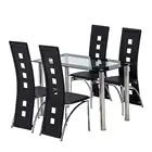 Elegant assembled stripping texture high black tempered glass dining tale set