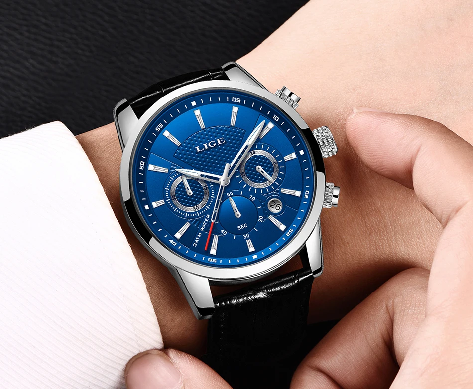 LIGE 9866 classic High Quality Watch Quartz Chronograph Leather Waterproof
