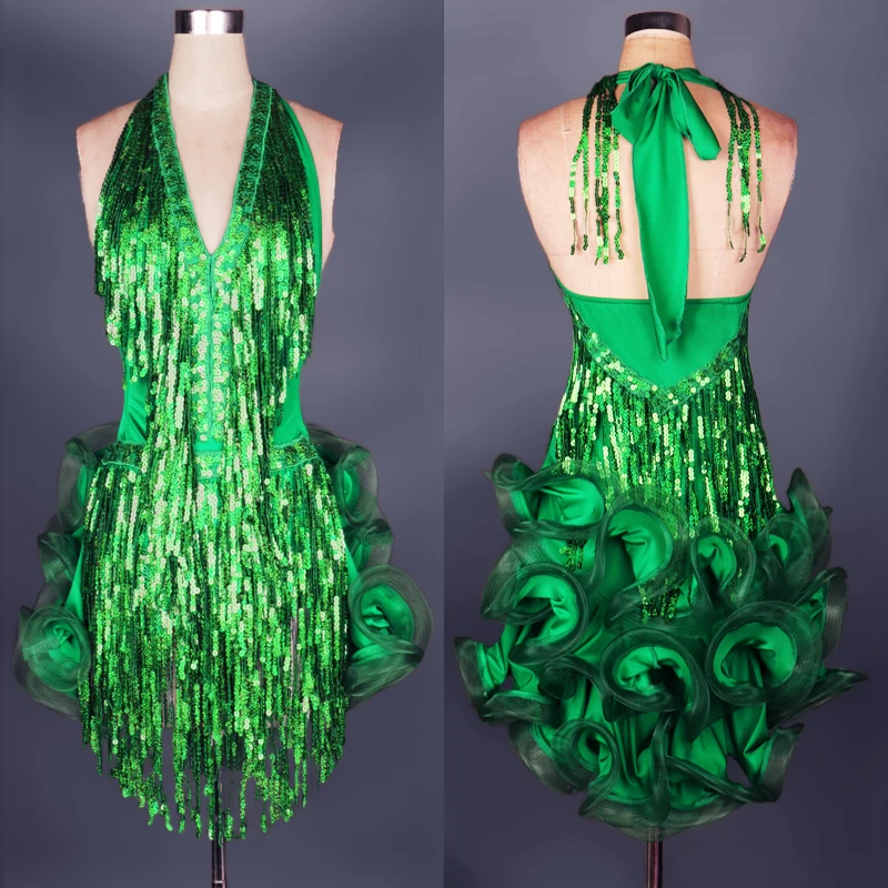  Latin Dance Dress Green Professional Costume for Women Fringe Samba Costume Colorful Womens Ballroom Competition Dresses Tassels