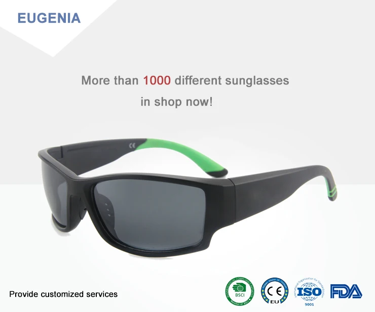 EUGENIA black frame trendy style big temple silicon nose pad UV 400 custom logo sport sunglasses
