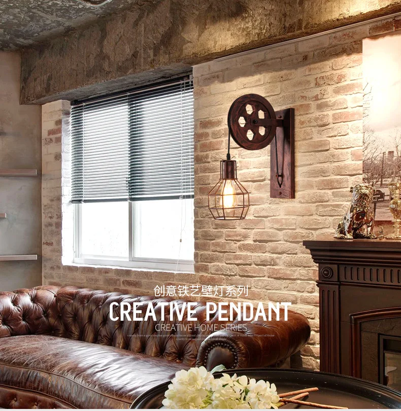 Loft Indutrial Vintage Pulley Wall Mounted Lamp for hotel bedroom