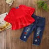 Summer New Fashion Trousers Jeans Sets Icing Ruffled Shirts With Embroidery Rose Trousers Little Girl Clothes Suit