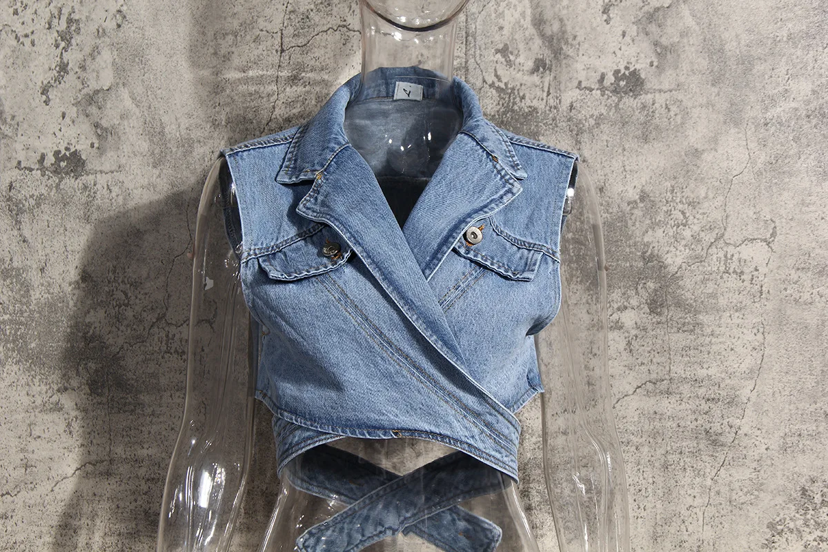 New Fashion Ladies Two-piece Veste Femme Irregular Short Denim Vest Jacket Puff Sleeve Loose Blouse Suit Women