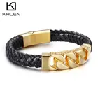 KALEN 18K Gold Stainless Steel Cuban Curb Chain Links Braided Genuine Leather Cuff Bracelet
