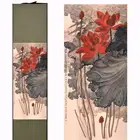 Wall Art Scroll Silk Painting Craft Calligraphy for Gift Golden Thread Lotus