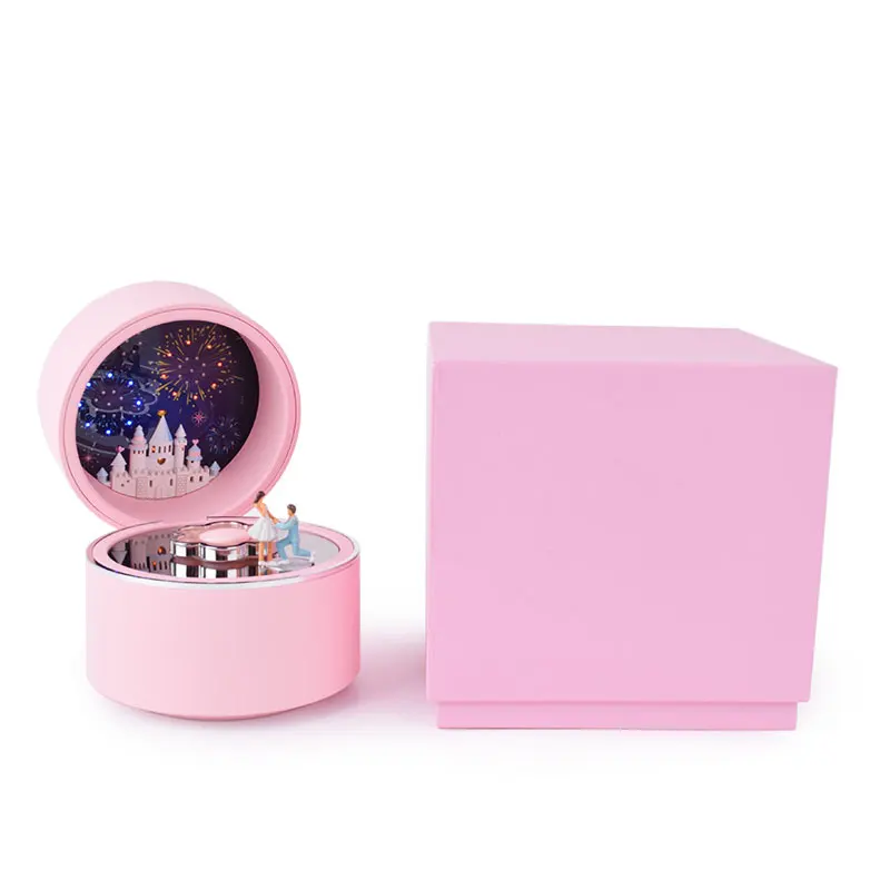 sparkle led light jewelry packaging rotatable storage box rotating engagement ring box with light