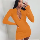 2020 Casual Women Zip Up Knit Dress Long Sleeve Ladies Bodycon Dress V-Neck Sexy Club Dresses