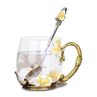 Color enamel glass coffee mugs with spoon flower tea milk cup handgrip Europe heat resistant drinkware