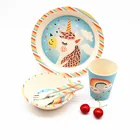 Kids Round Shape BPA Free Bamboo Fiber Dinnerware Set, Tableware sets White plate with Colorful Printing