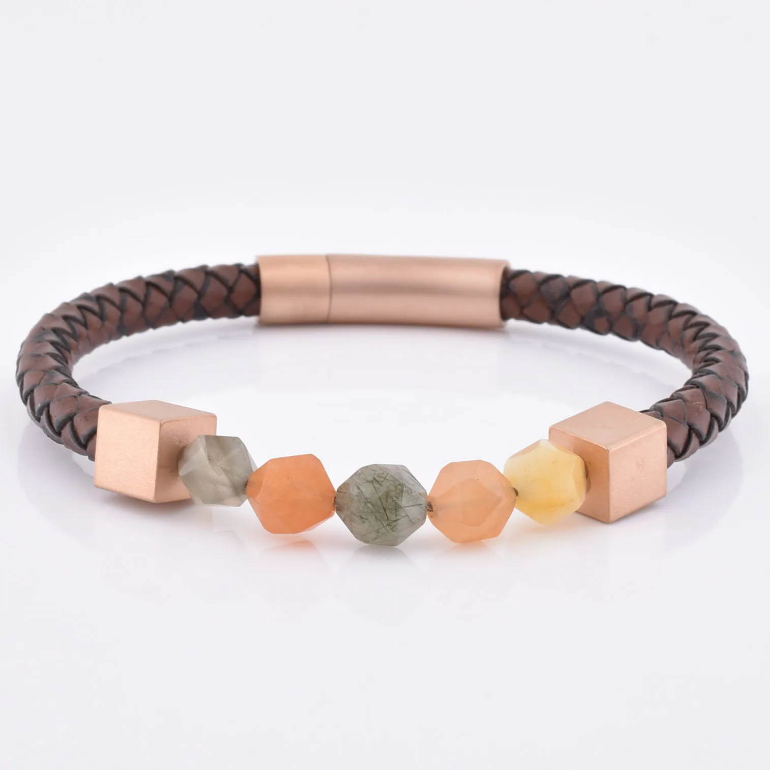 Unique Men Stainless Steel Custom Logo Name Matt Onxy Bead Brown Leather Bracelet