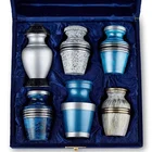 Keepsake Cremation Urns, Blue & White (6pc), Small Funeral Urns for Human Ashes, Brass and Aluminum Urn