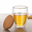 Glass Cup Glass Tea Use 350ml Heat Resistance Borosilicate Double Wall Glass Cup With Bamboo Lid