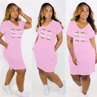 Printed Hot Sell Women Fashion O Neck Short Sleeve Ripped Printed Pencil Midi Dress