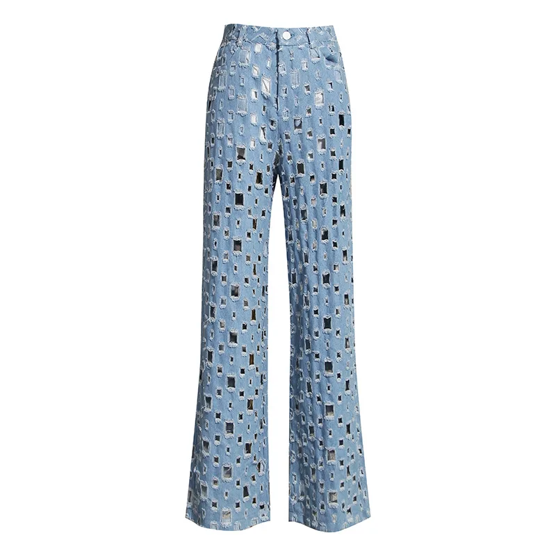 PURPLEWIND OEM Hole Hollow Out Tassel Denim Trousers Women High Waist Streetwear Wide Leg