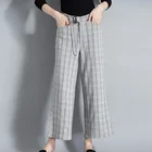 Korea style New Fashion Ladies women pants knitwear pocket plaid wool causal loose Straight pants