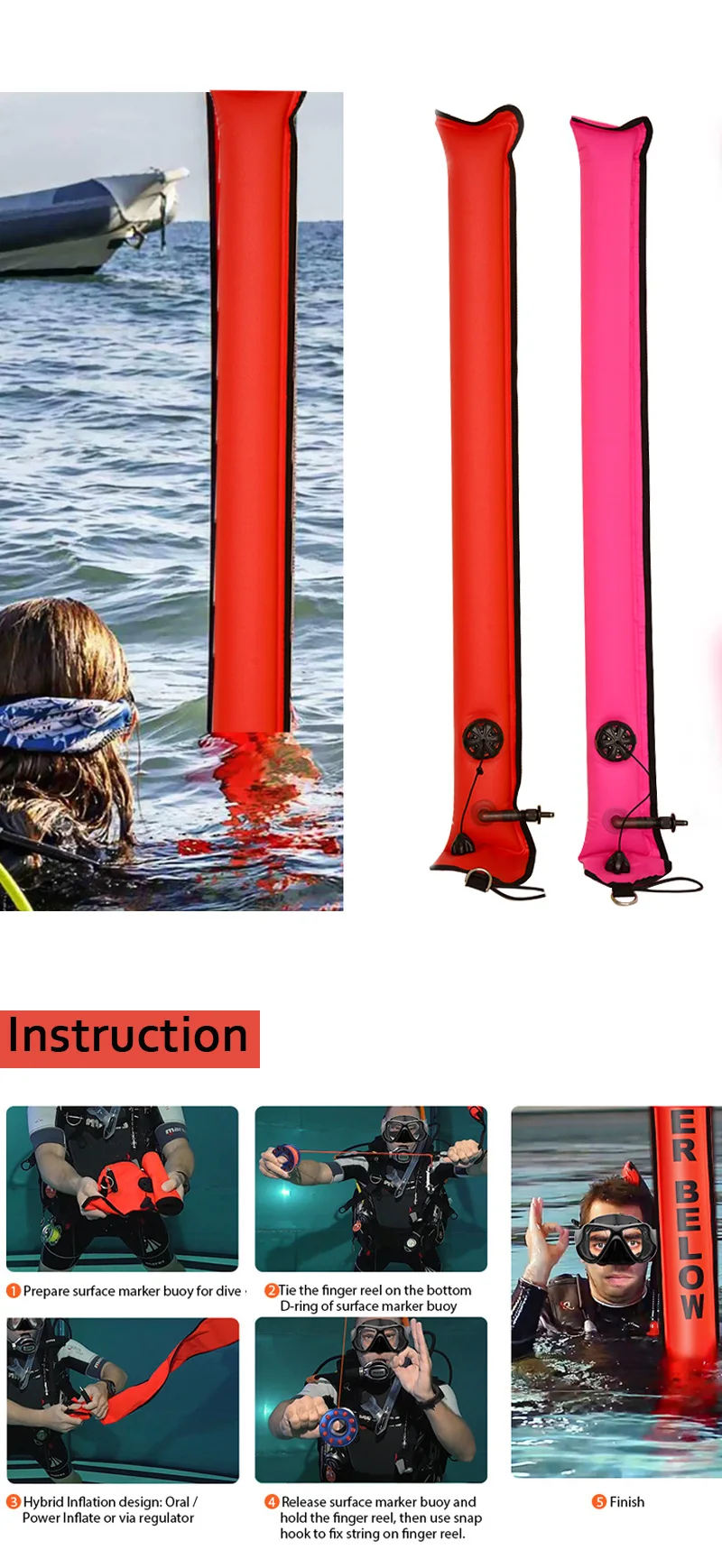 Open Bottom 4ft Surface Marker Buoy Diving Smb Dive Tube With Oral