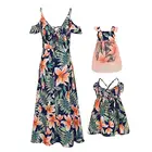 Mommy and Me Dresses Floral Print Cold Shoulder Ruffle Backless Strap Romper Beach Midi Dress Summer
