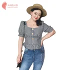 2019 OEM ODM Stylish Blouse Square Collar 6XL Grid Female Plus Size Women T-Shirt