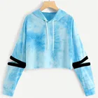 New Fashion trend Crop Top Sweatshirt Long slit Sleeve Color women's Tie-Dye Hoodie blue