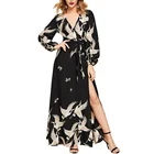 Spring Elegant Crane Print Women Casual V Neck Belted Open Side Maxi Dress